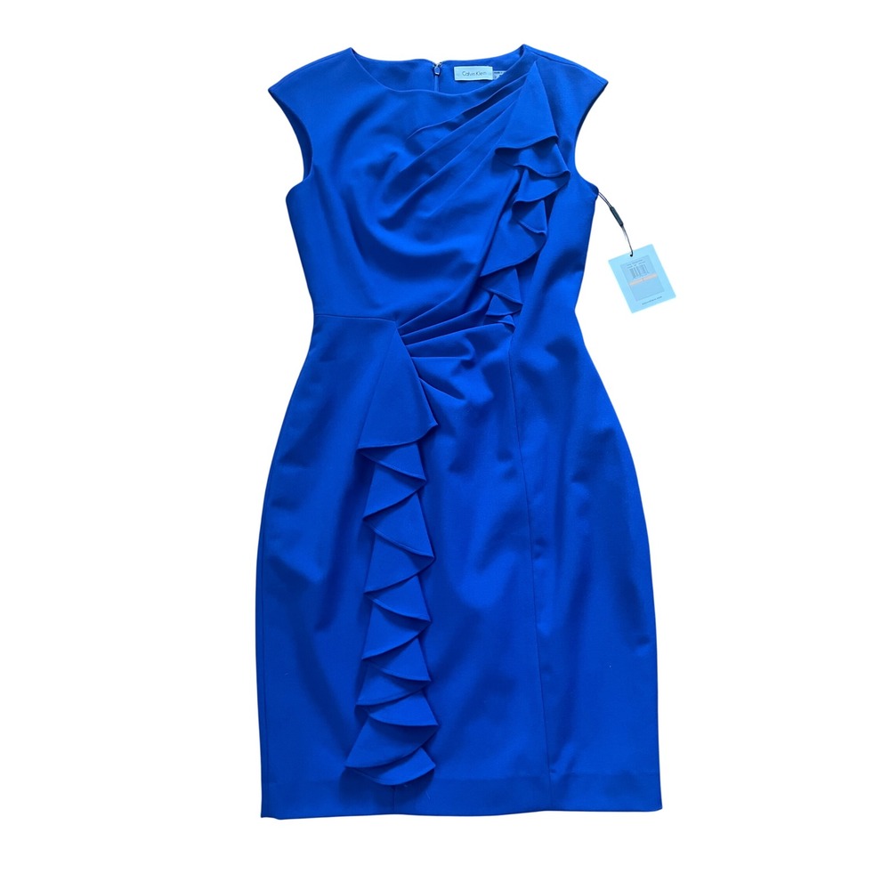 Calvin Klein Atlantis Blue Ruffle Sheath Dress CD2X1FJH Size 2
